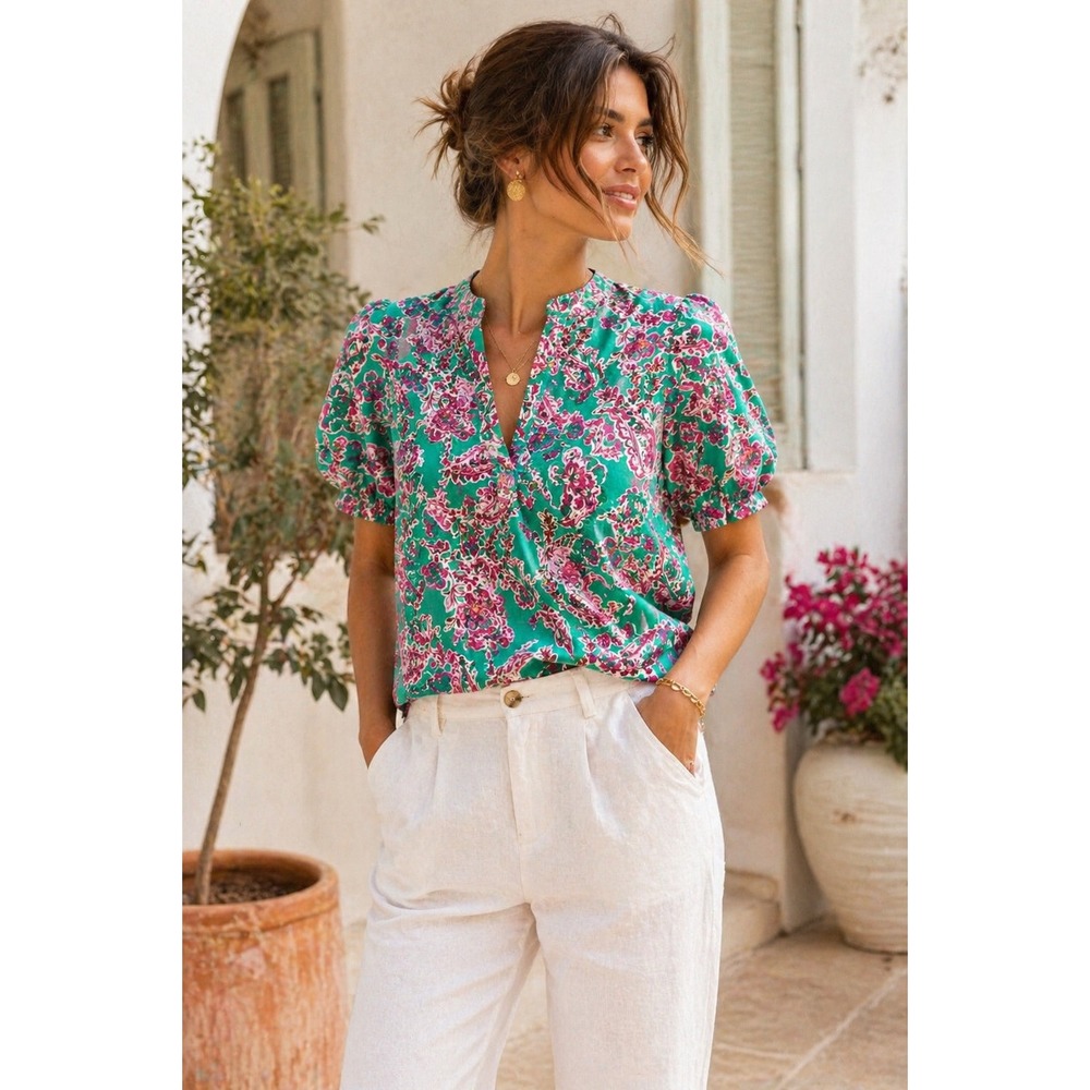 J.Crew Womens XS Teal Pink Floral‎ Paisley Puff Sleeve V-Neck Cotton Blouse Top